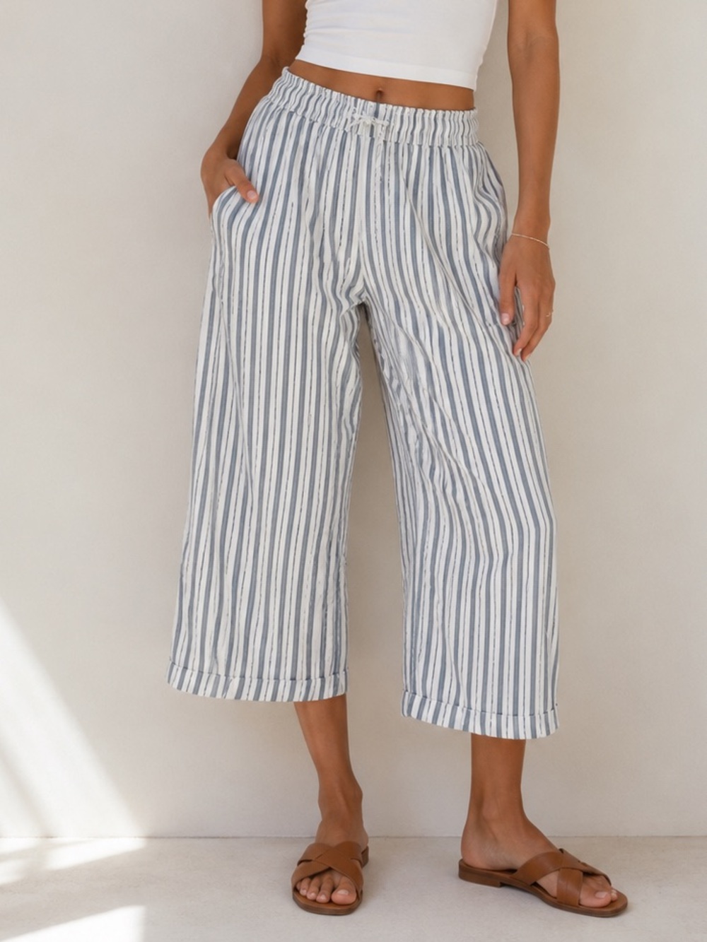 LOFT Striped Cropped Wide-Leg Pants in Blue and White Size XS
